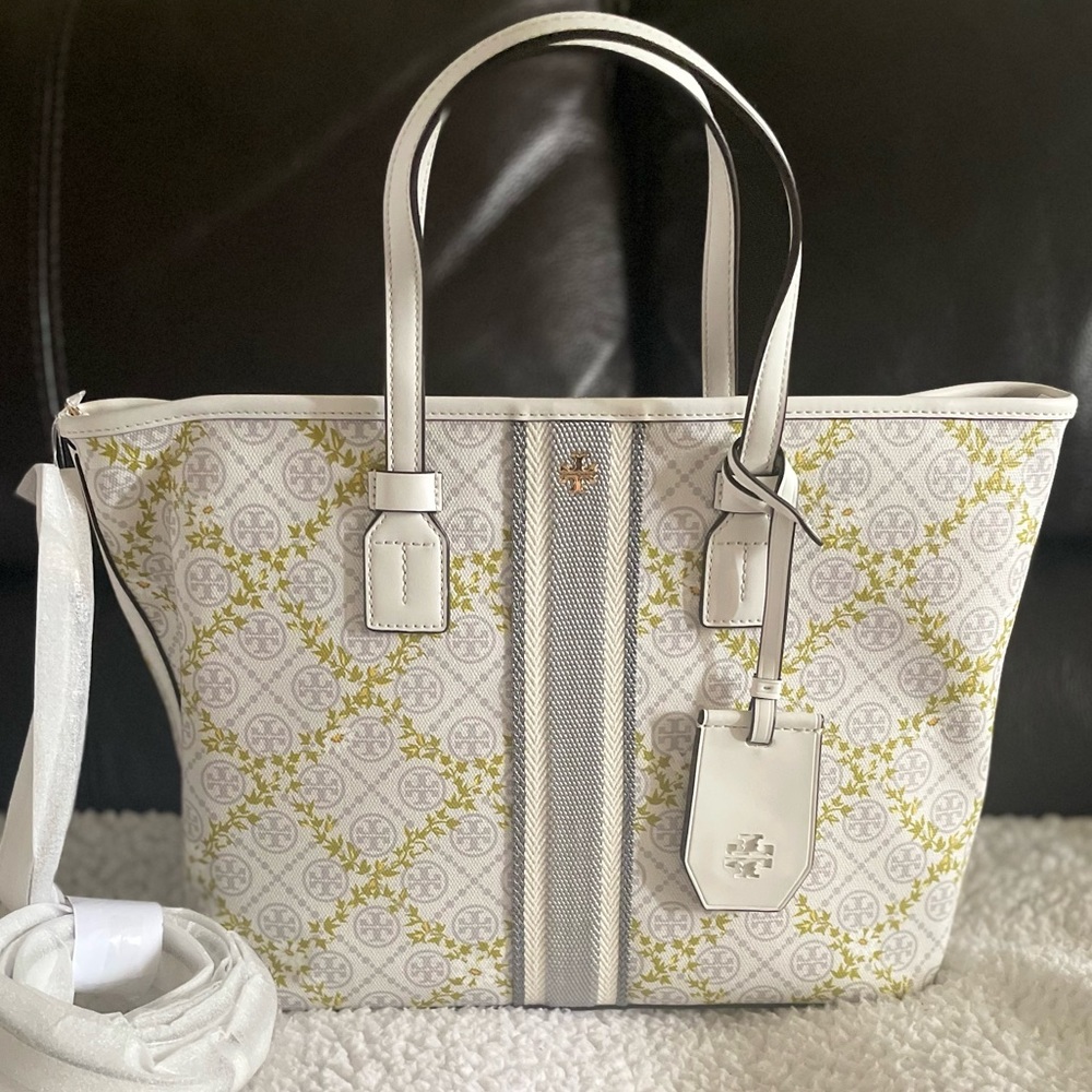 Tory Burch Women's T Monogram Canvas Floral Vine Small Tote - Picture 11 of 11